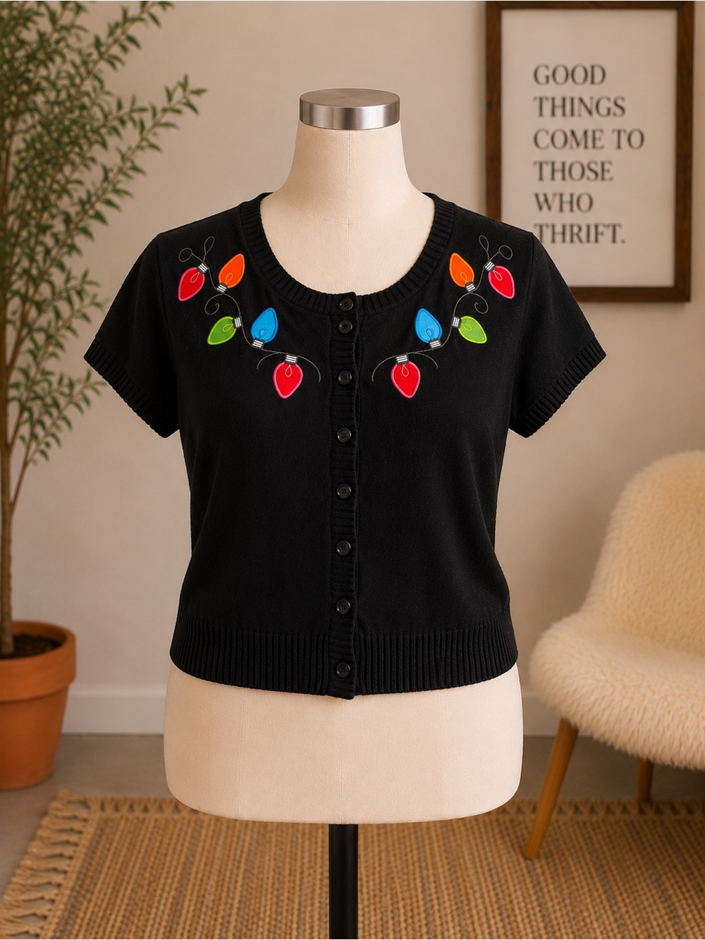 Collectif Black Short-Sleeve Cardigan with Multicolor Light Bulb Embroidery